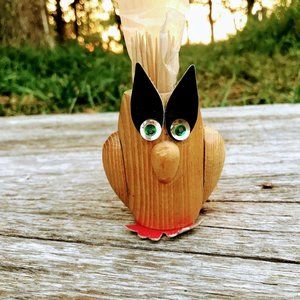 Vintage Wood Owl Toothpick holder Wood Feathers